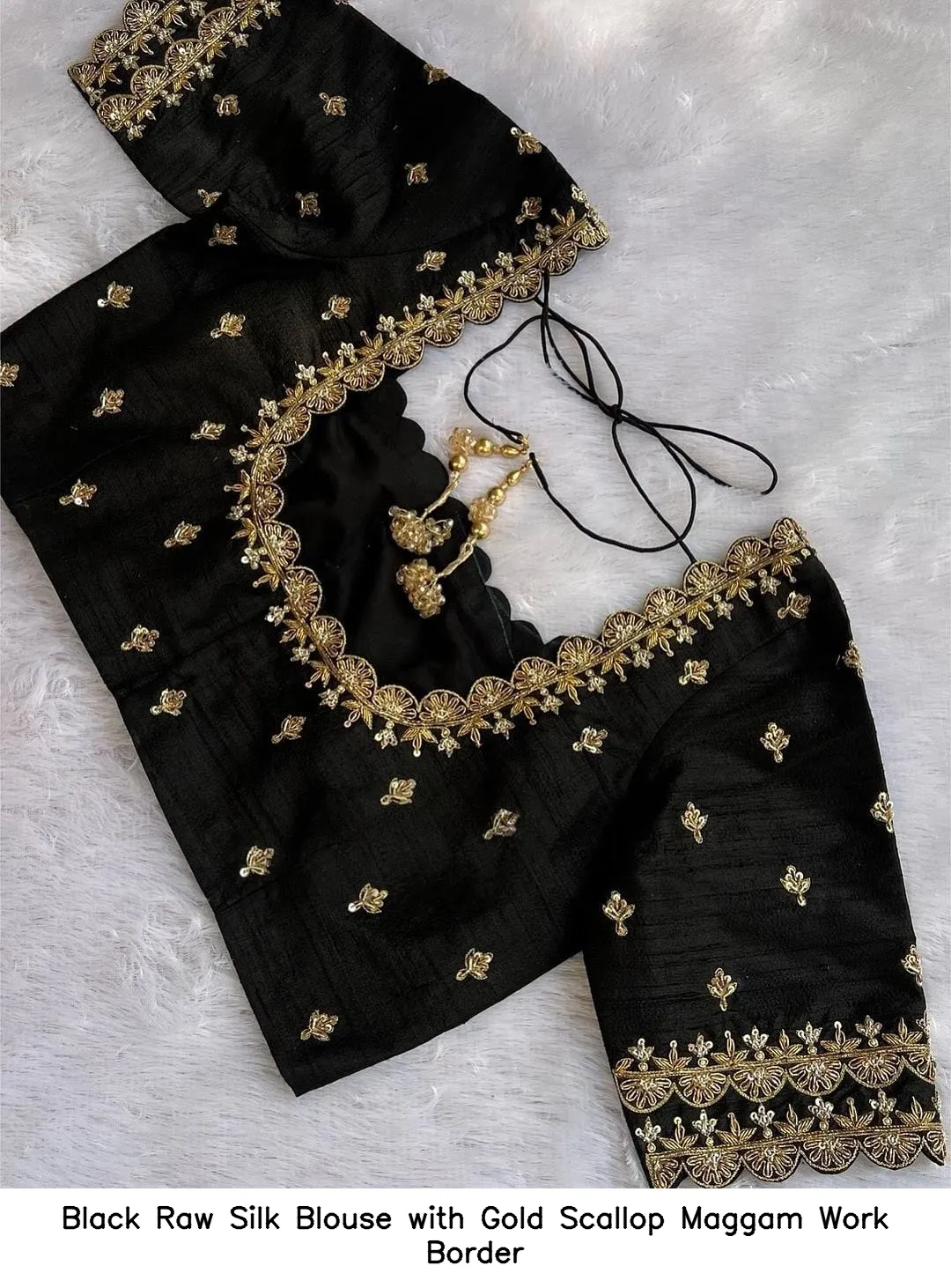 Black Raw Silk Blouse with Gold Scallop Maggam Work Border