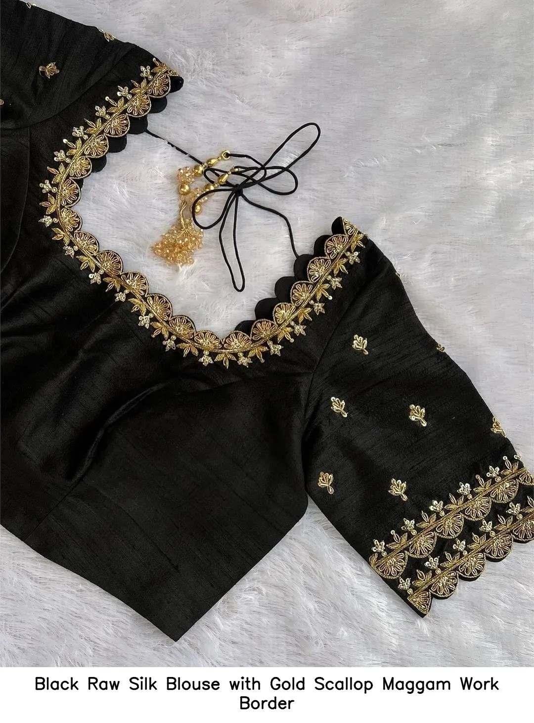 Black Raw Silk Blouse with Gold Scallop Maggam Work Border