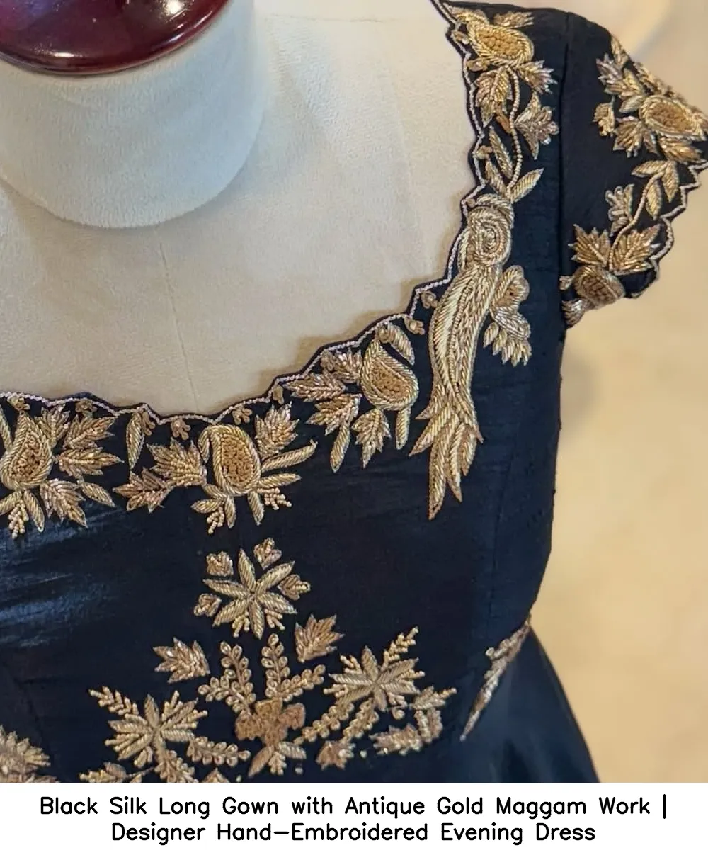 Black Silk Long Gown with Antique Gold Maggam Work | Designer Hand-Embroidered Evening Dress