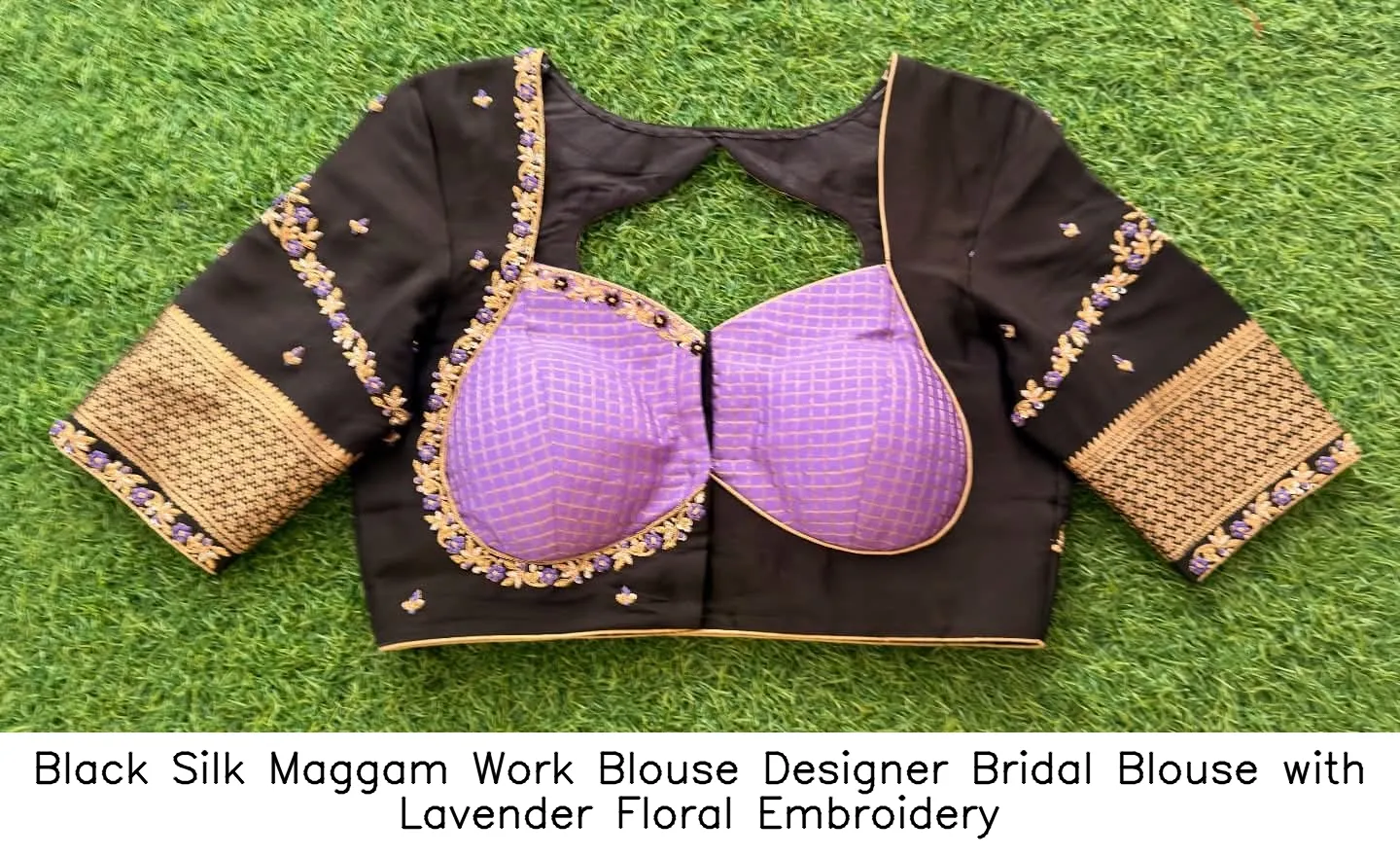 Black Silk Maggam Work Blouse – Designer Bridal Blouse with Lavender Floral Embroidery