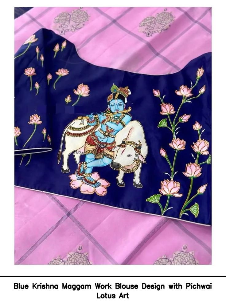Blue Krishna Maggam Work Blouse Design with Pichwai Lotus Art