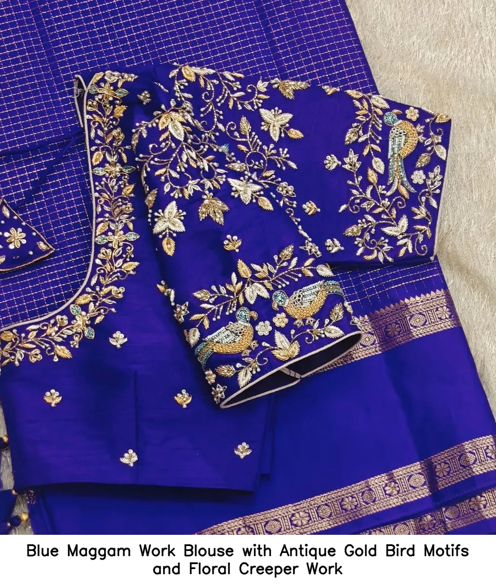 Blue Maggam Work Blouse with Antique Gold Bird Motifs and Floral Creeper Work