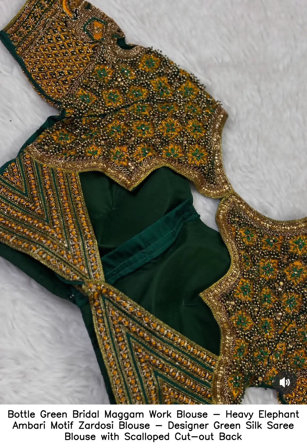 Bottle Green Bridal Maggam Work Blouse - Heavy Elephant Ambari Motif Zardosi Blouse - Designer Green Silk Saree Blouse with Scalloped Cut-out Back