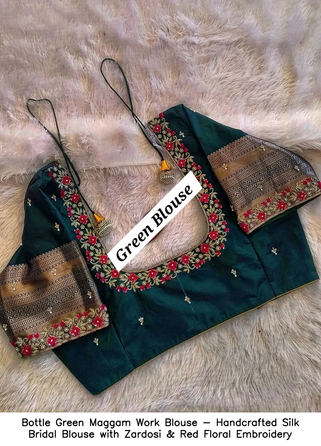 Bottle Green Maggam Work Blouse - Handcrafted Silk Bridal Blouse with Zardosi & Red Floral Embroidery