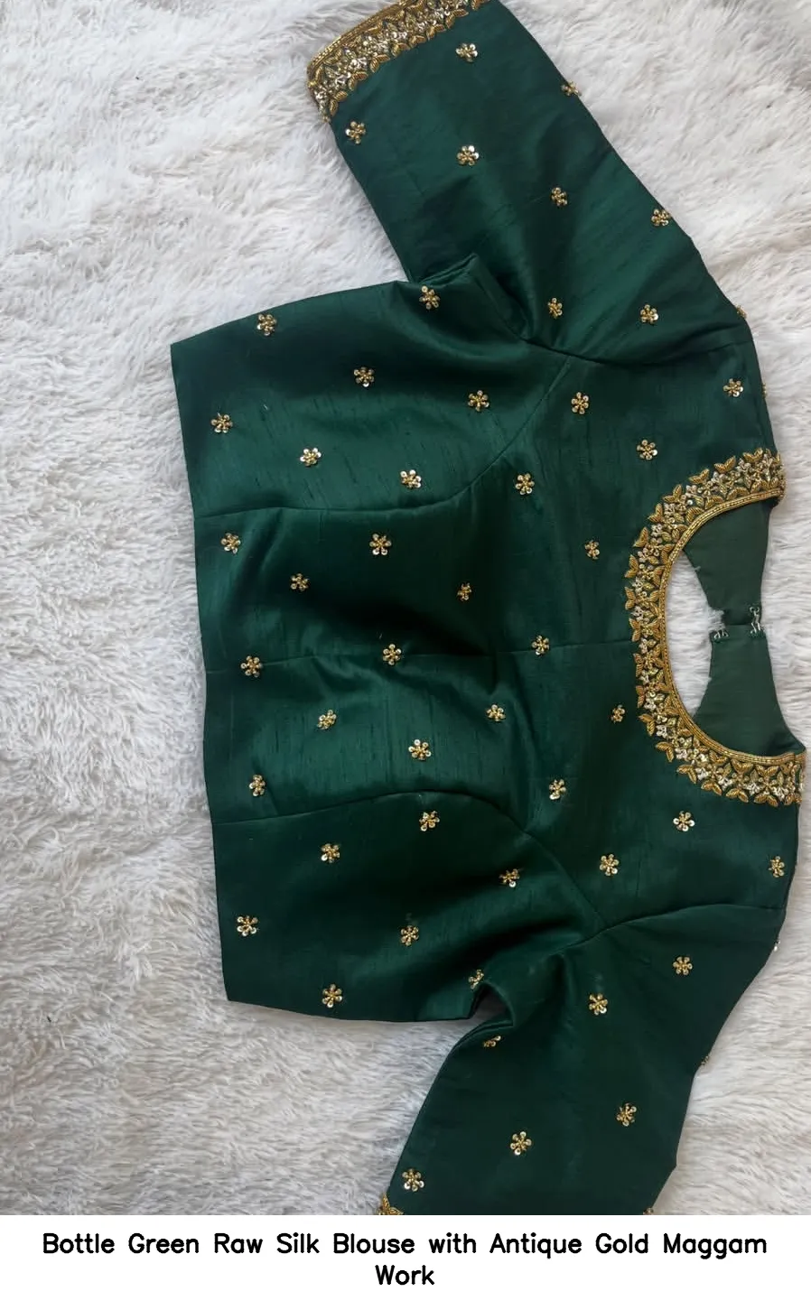 Bottle Green Raw Silk Blouse with Antique Gold Maggam Work