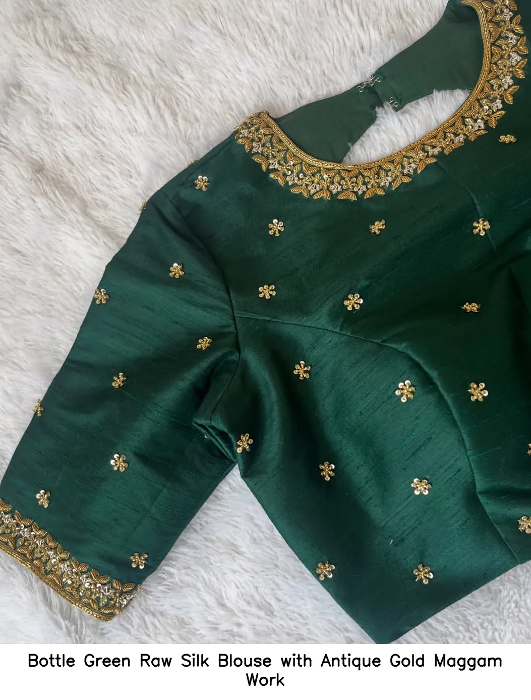 Bottle Green Raw Silk Blouse with Antique Gold Maggam Work