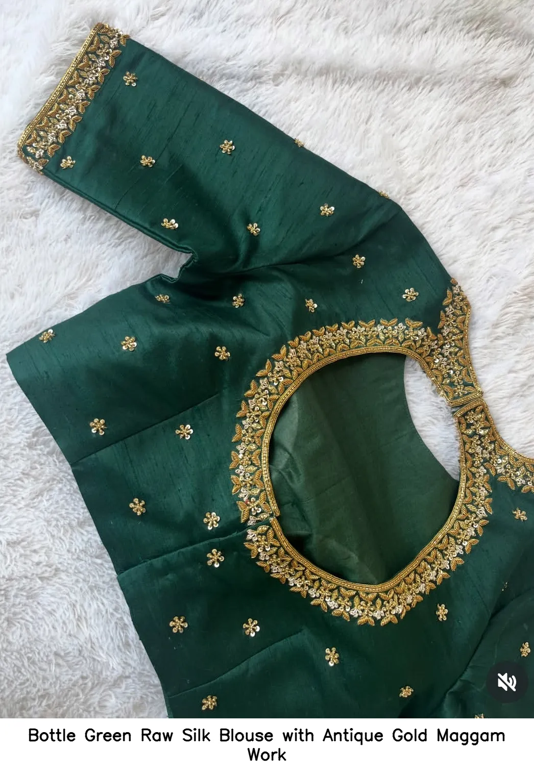 Bottle Green Raw Silk Blouse with Antique Gold Maggam Work