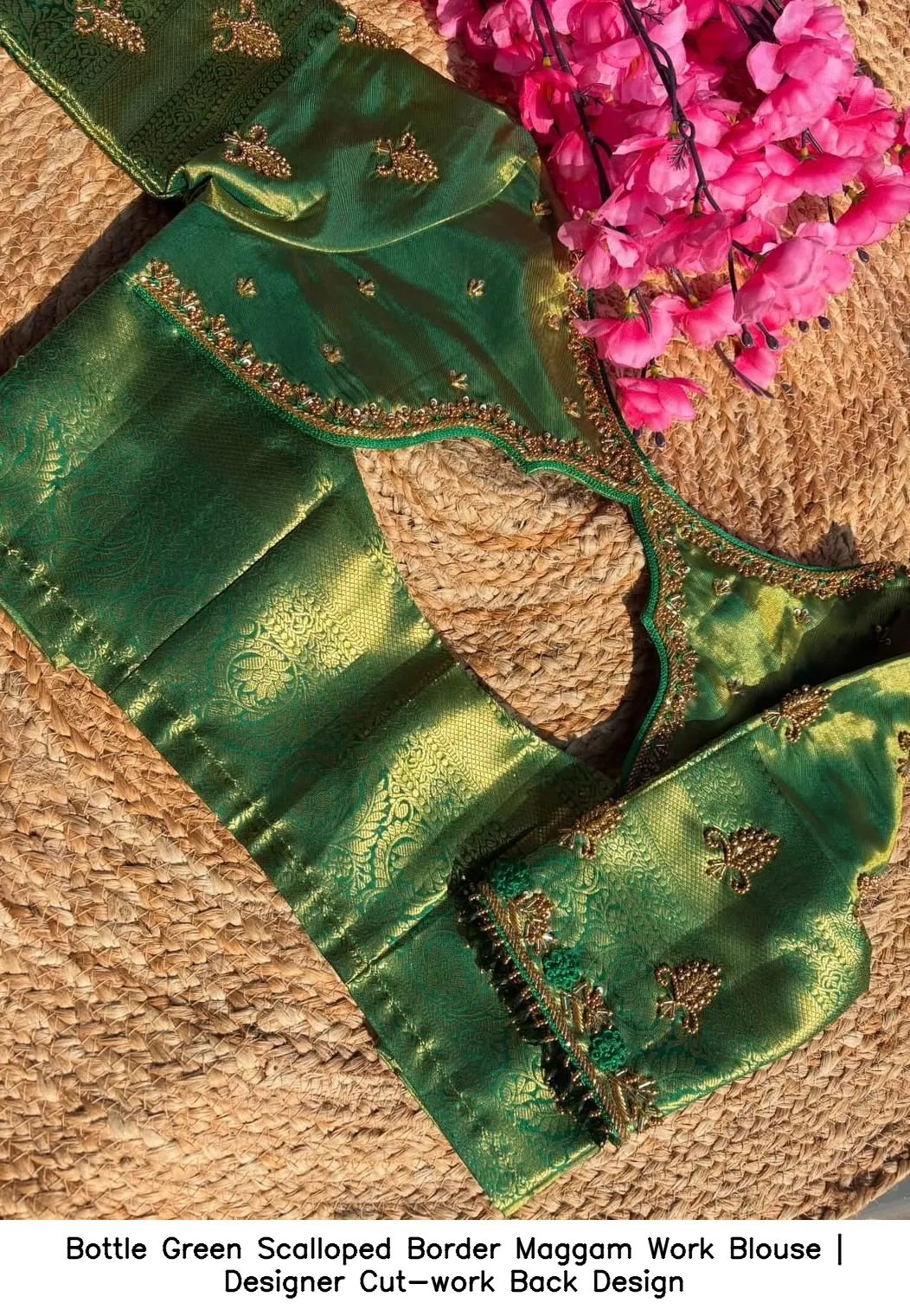 Bottle Green Scalloped Border Maggam Work Blouse | Designer Cut-work Back Design
