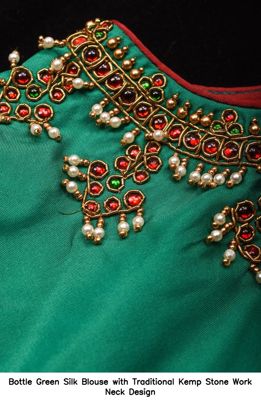 Bottle Green Silk Blouse with Traditional Kemp Stone Work Neck Design