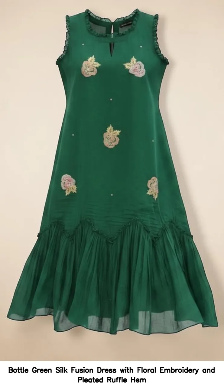 Bottle Green Silk Fusion Dress with Floral Embroidery and Pleated Ruffle Hem