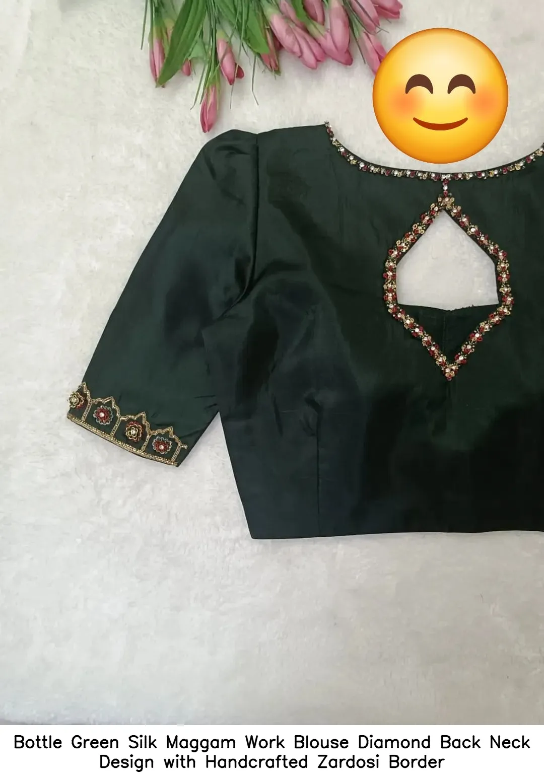 Bottle Green Silk Maggam Work Blouse – Diamond Back Neck Design with Handcrafted Zardosi Border
