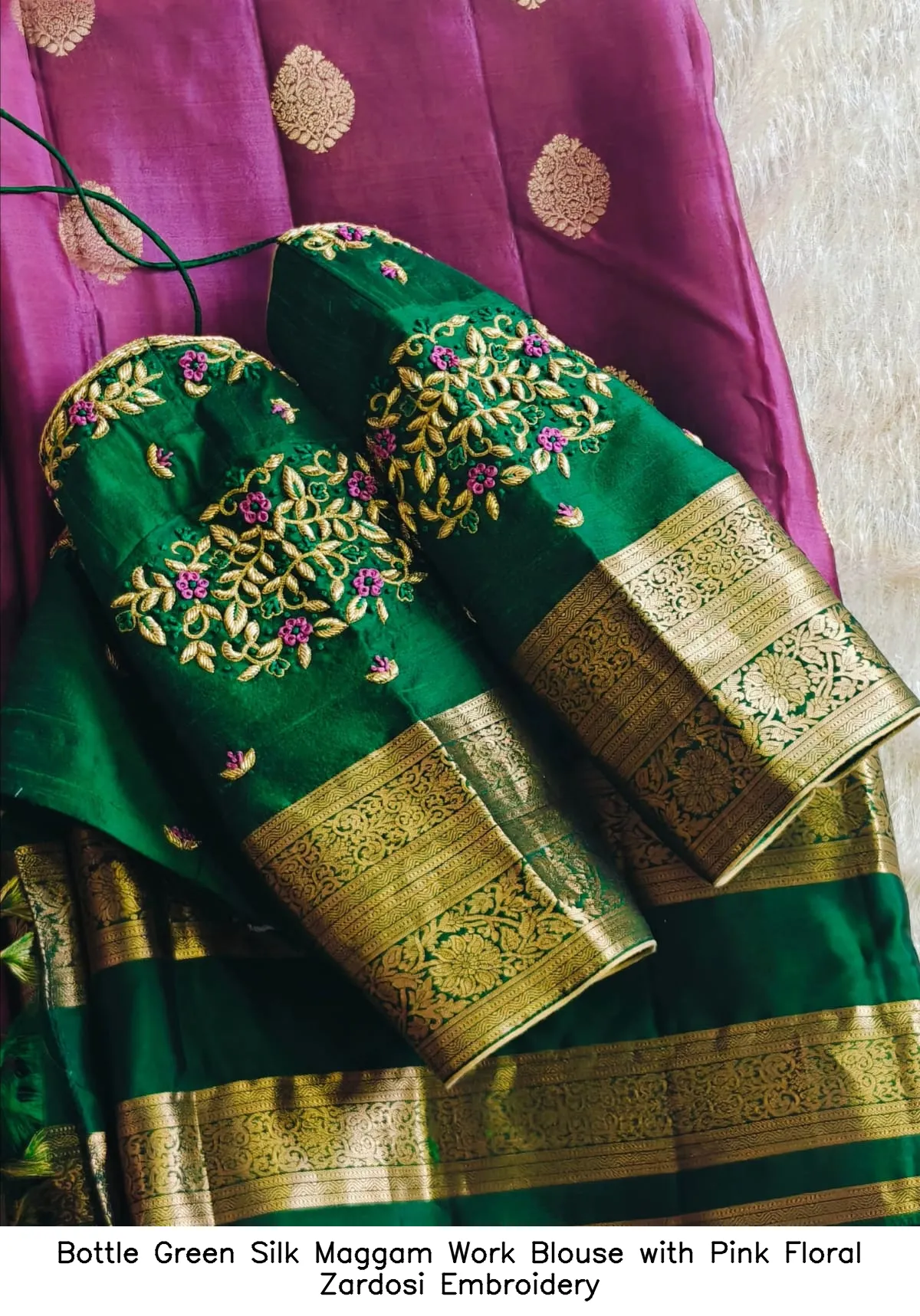 Bottle Green Silk Maggam Work Blouse with Pink Floral Zardosi Embroidery