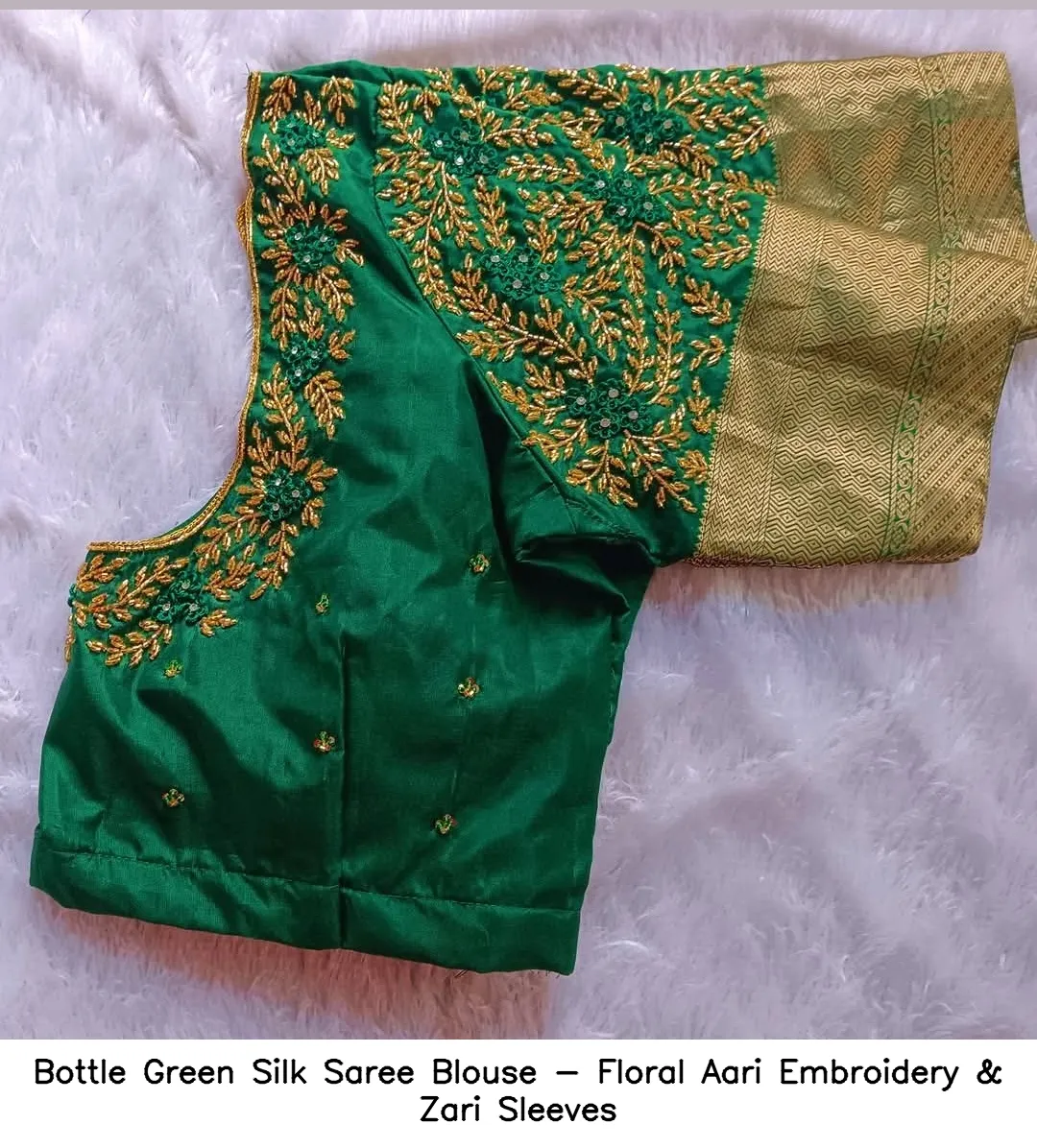 Bottle Green Silk Saree Blouse - Floral Aari Embroidery & Zari Sleeves