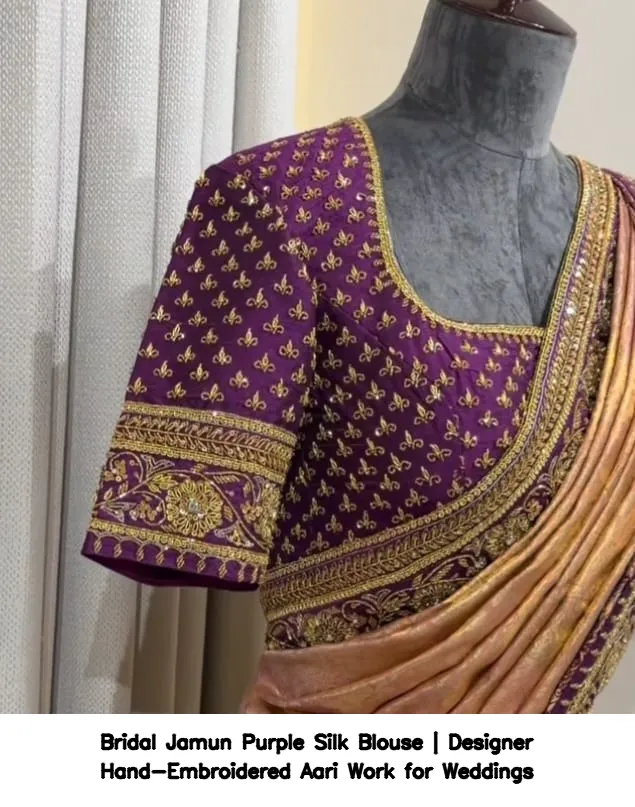 Bridal Jamun Purple Silk Blouse | Designer Hand-Embroidered Aari Work for Weddings