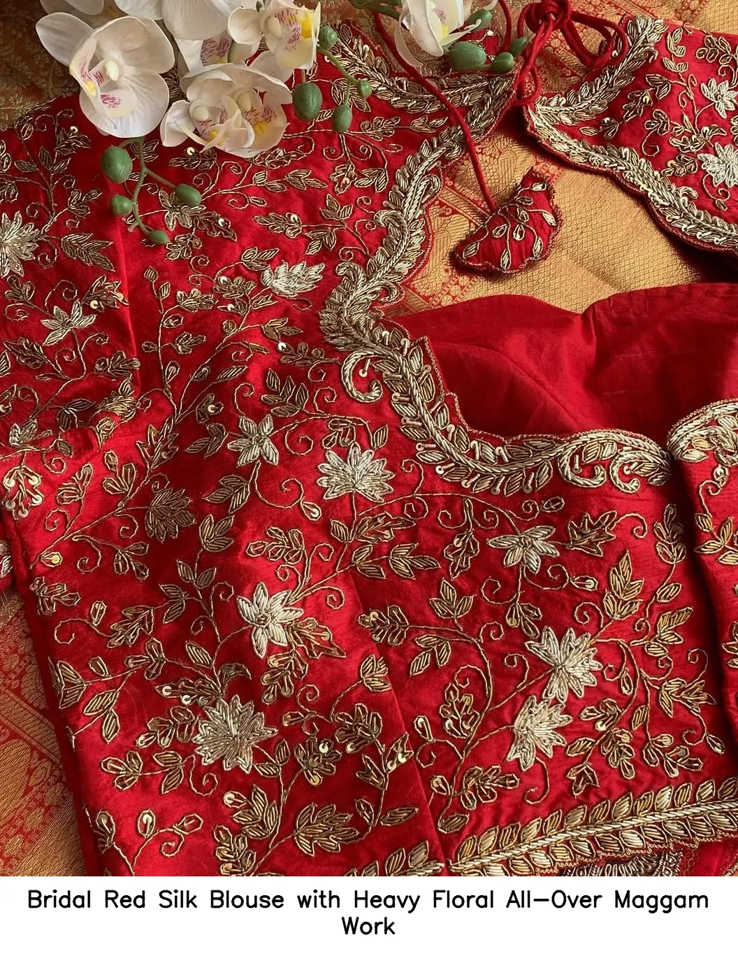 Bridal Red Silk Blouse with Heavy Floral All-Over Maggam Work