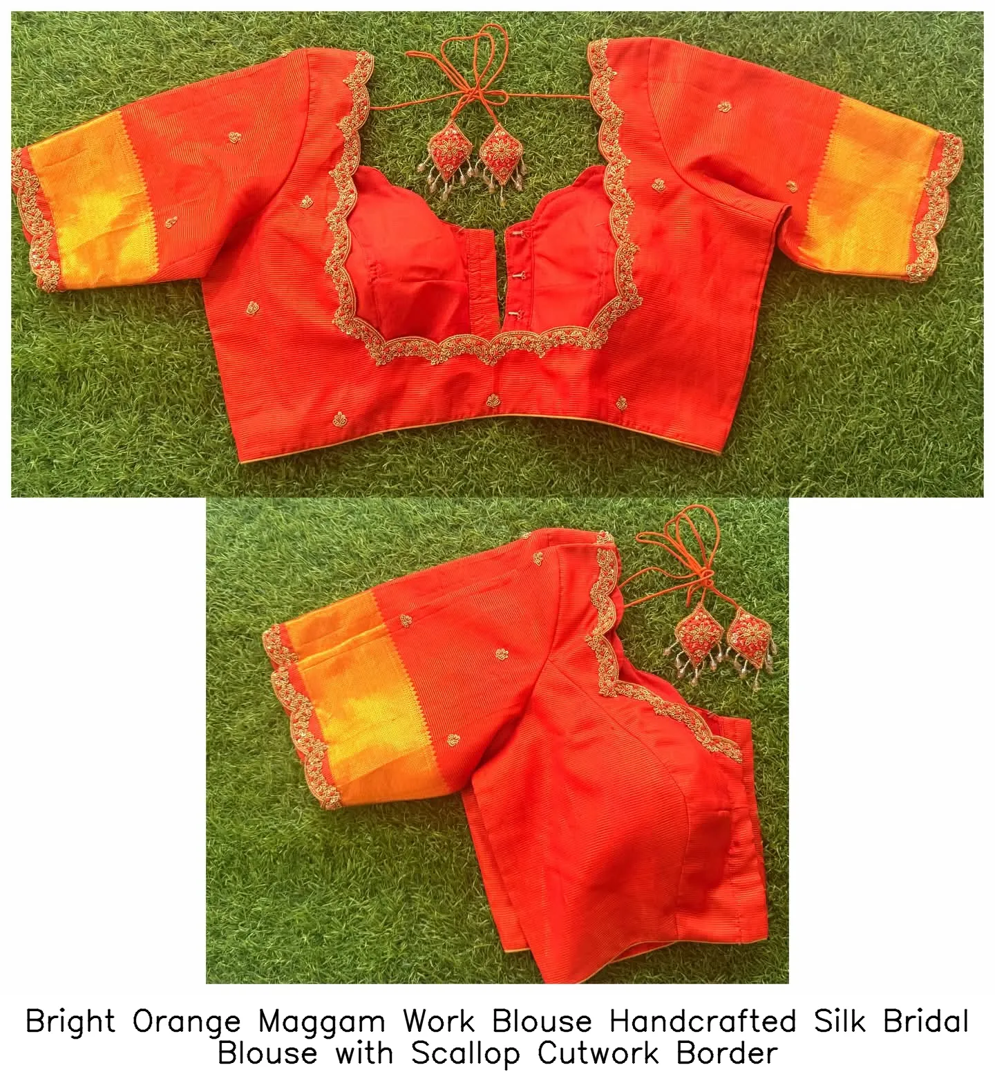 Bright Orange Maggam Work Blouse – Handcrafted Silk Bridal Blouse with Scallop Cutwork Border