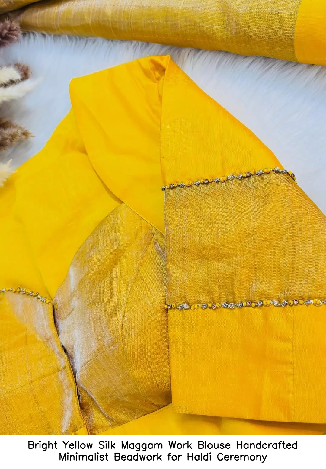 Bright Yellow Silk Maggam Work Blouse – Handcrafted Minimalist Beadwork for Haldi Ceremony