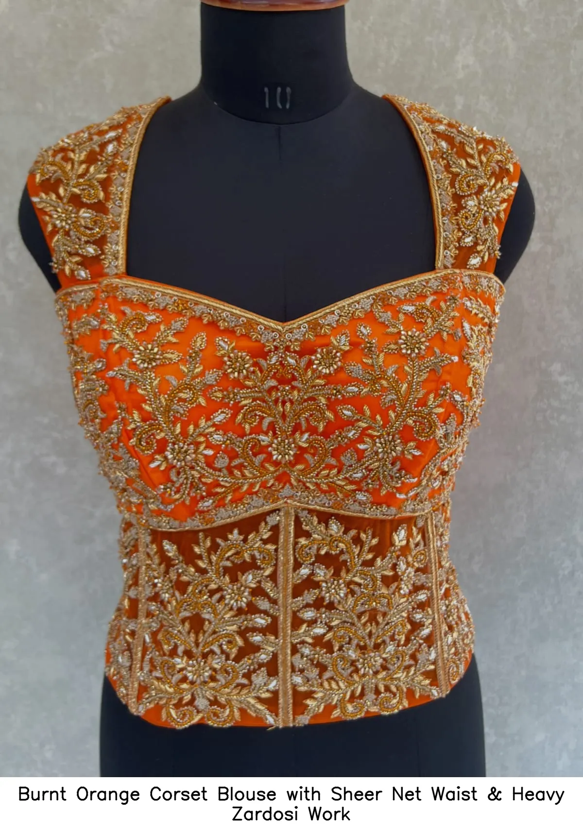 Burnt Orange Corset Blouse with Sheer Net Waist & Heavy Zardosi Work