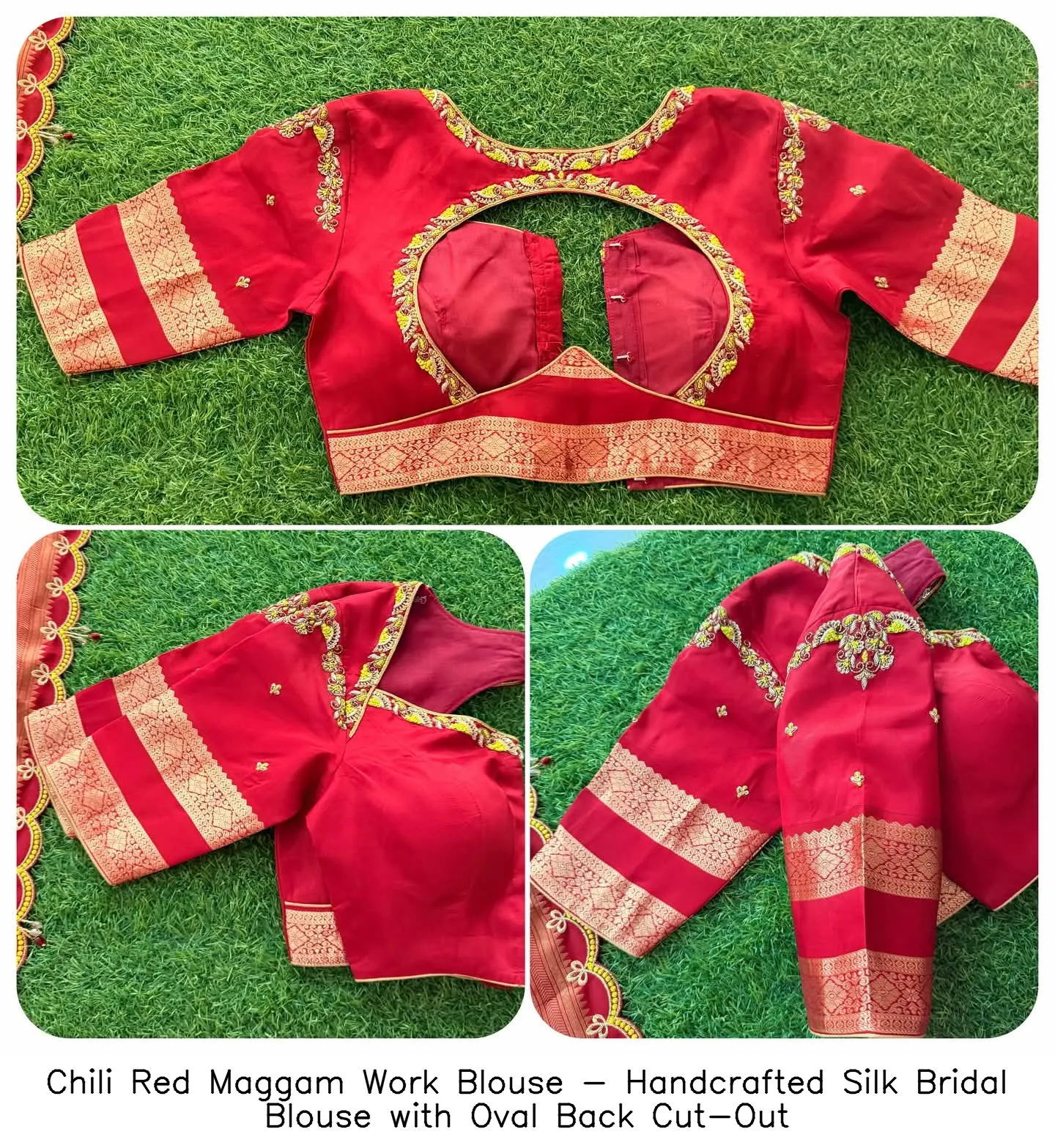 Chili Red Maggam Work Blouse - Handcrafted Silk Bridal Blouse with Oval Back Cut-Out