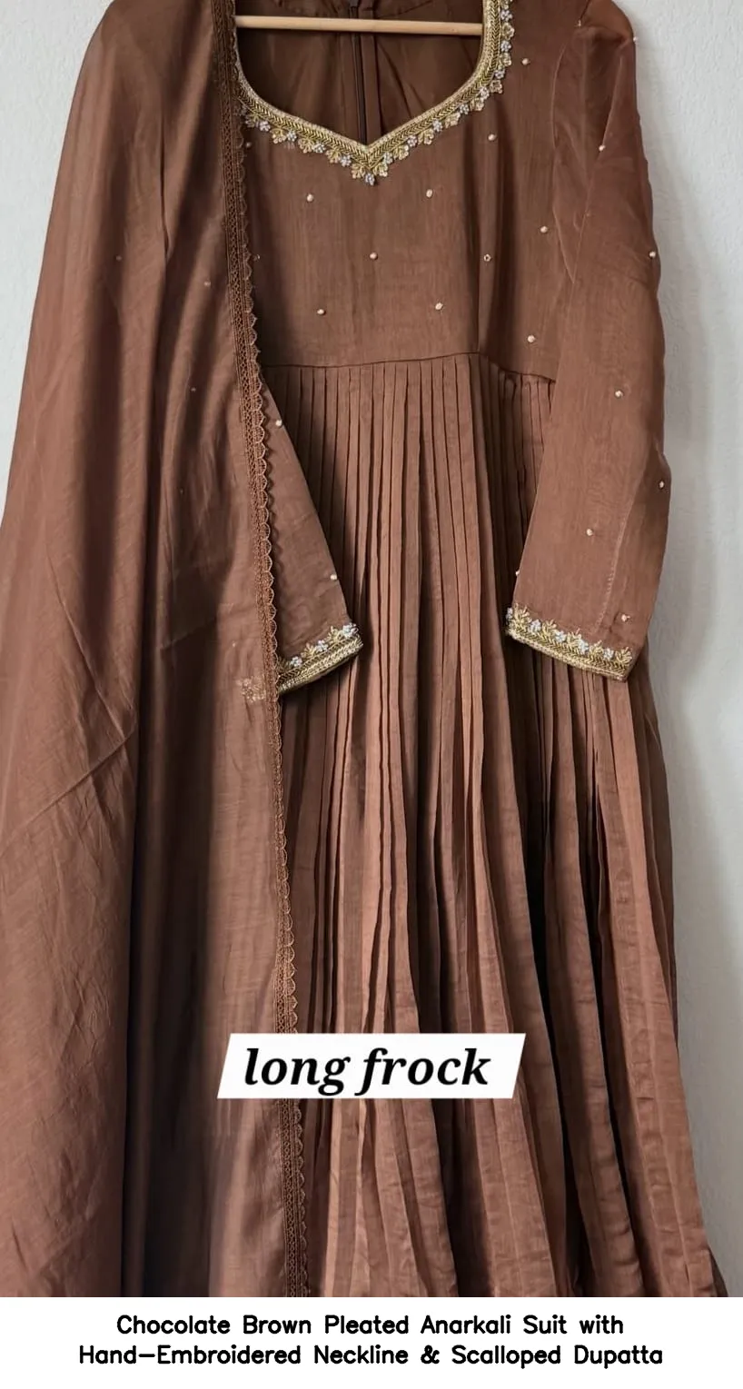 Chocolate Brown Pleated Anarkali Suit with Hand-Embroidered Neckline & Scalloped Dupatta