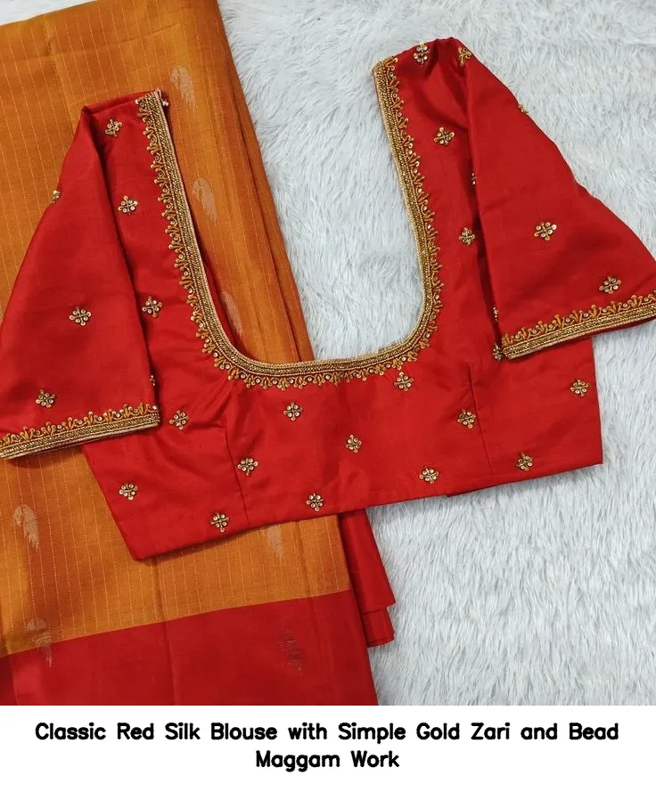 Classic Red Silk Blouse with Simple Gold Zari and Bead Maggam Work