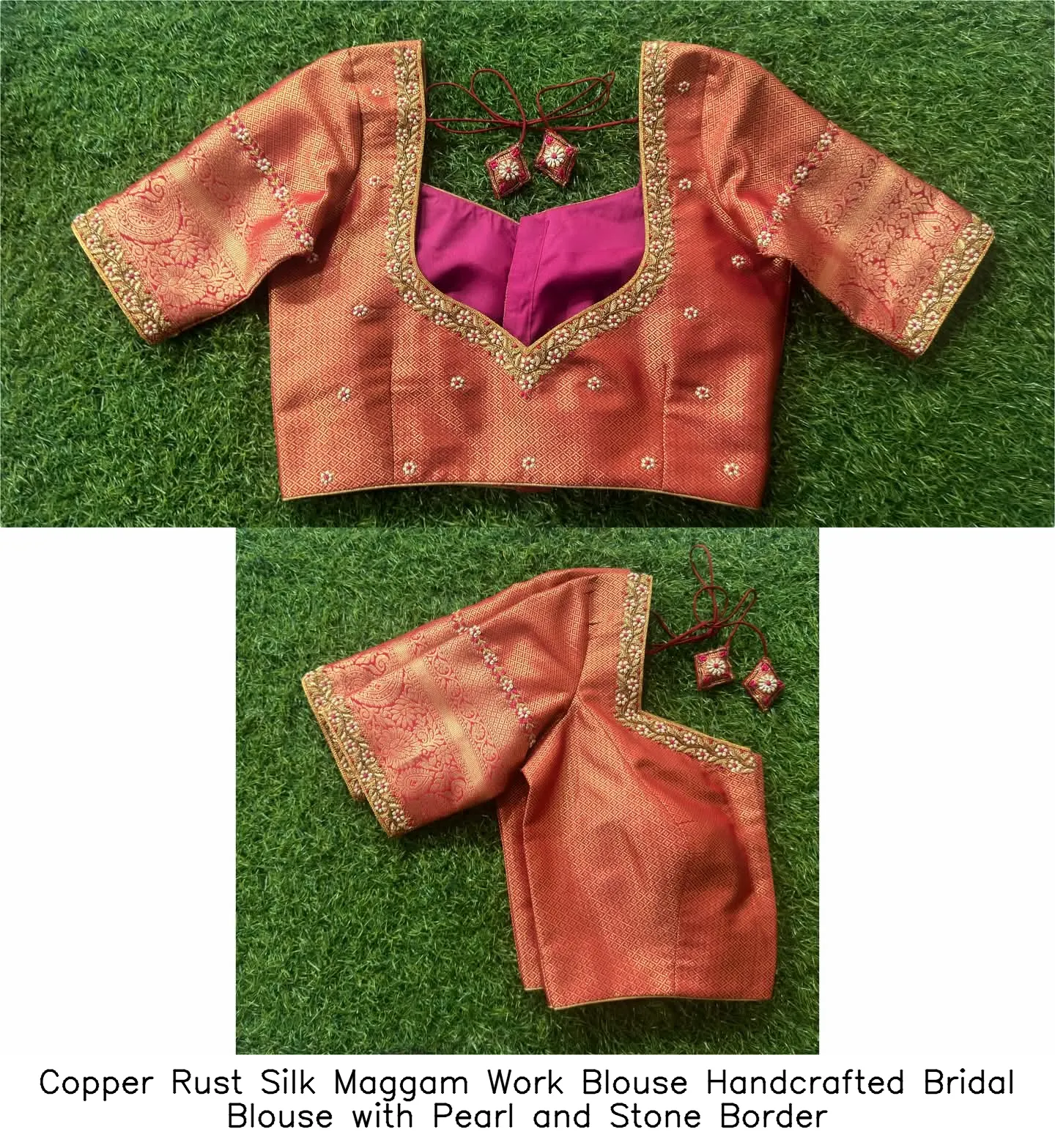 Copper Rust Silk Maggam Work Blouse – Handcrafted Bridal Blouse with Pearl and Stone Border