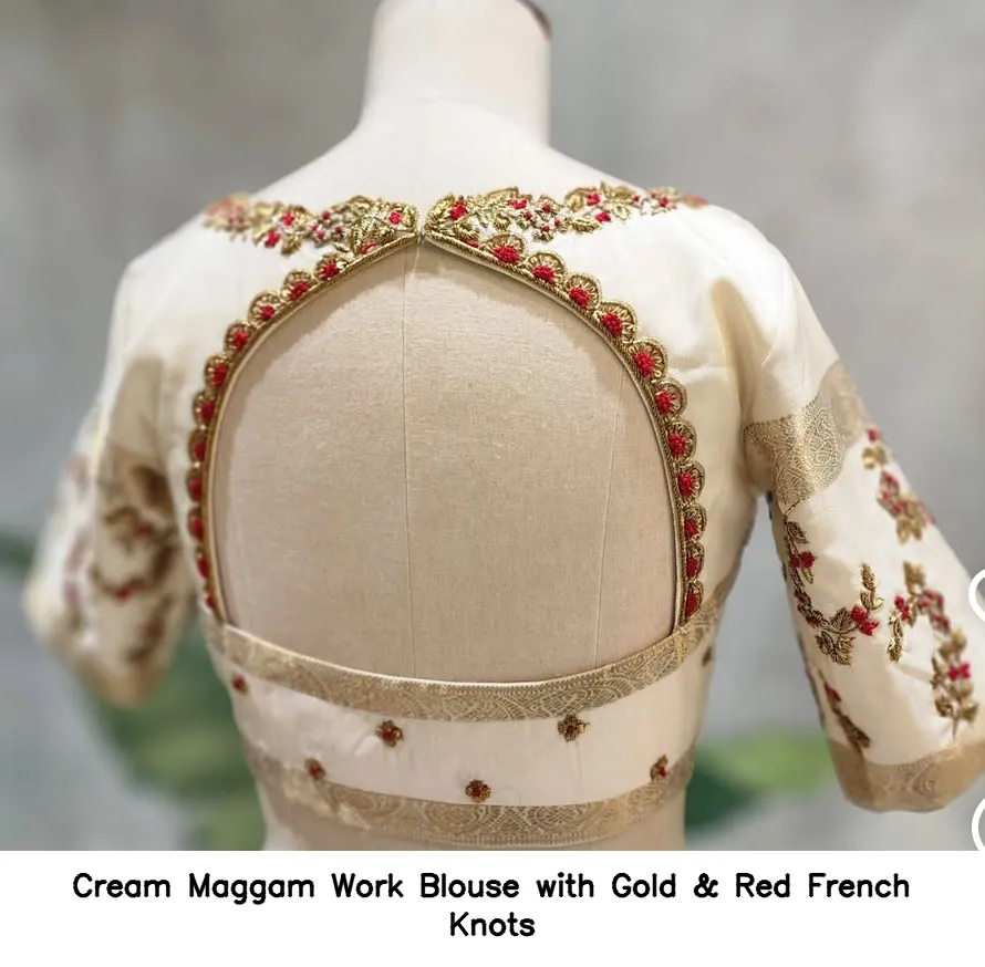 Cream Maggam Work Blouse with Gold & Red French Knots