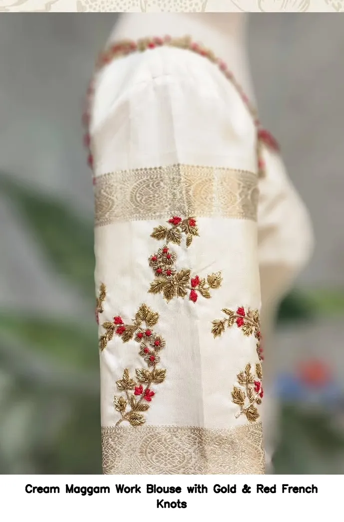 Cream Maggam Work Blouse with Gold & Red French Knots