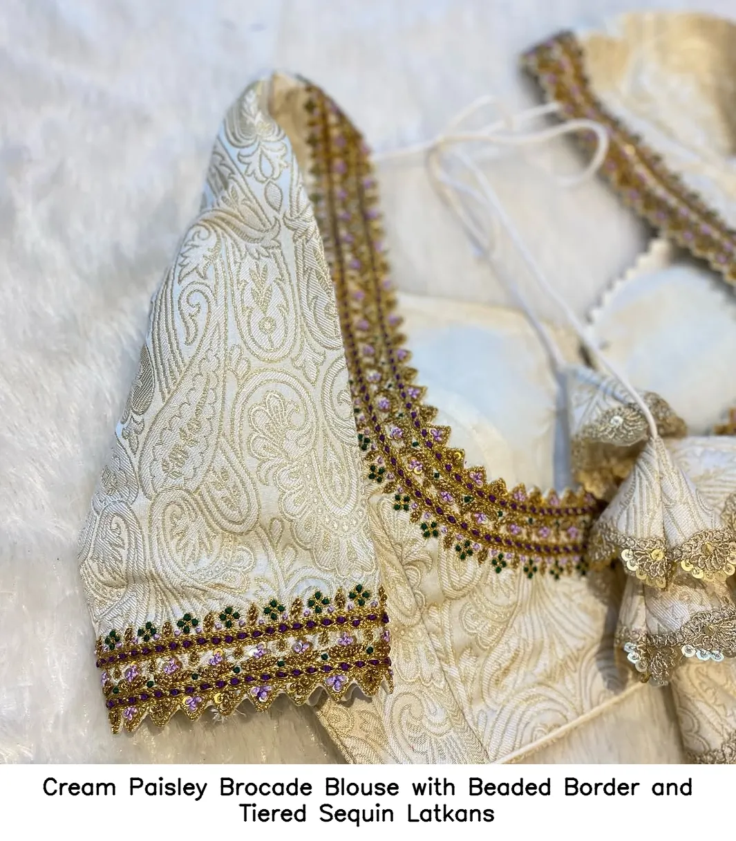 Cream Paisley Brocade Blouse with Beaded Border and Tiered Sequin Latkans