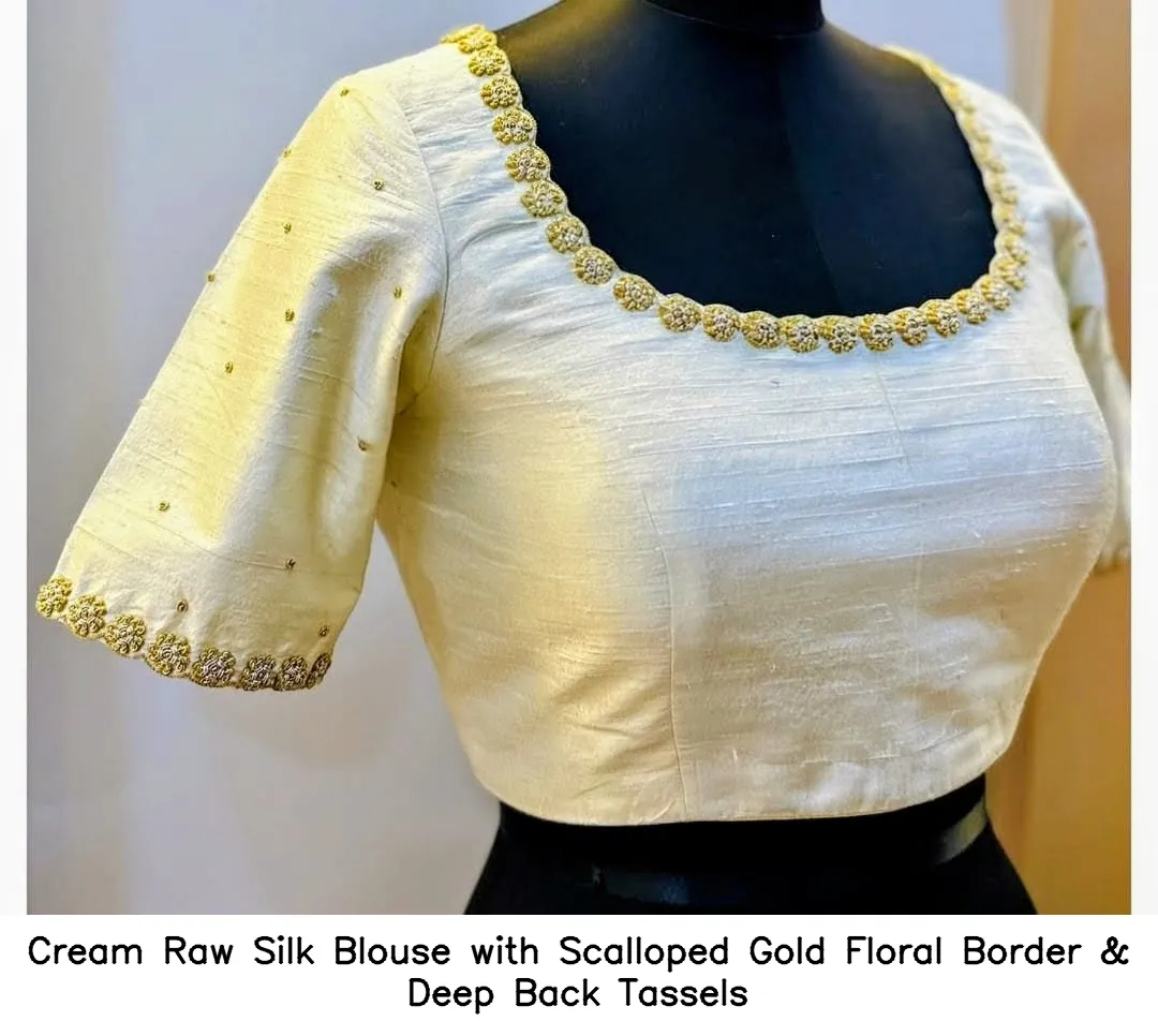Cream Raw Silk Blouse with Scalloped Gold Floral Border & Deep Back Tassels