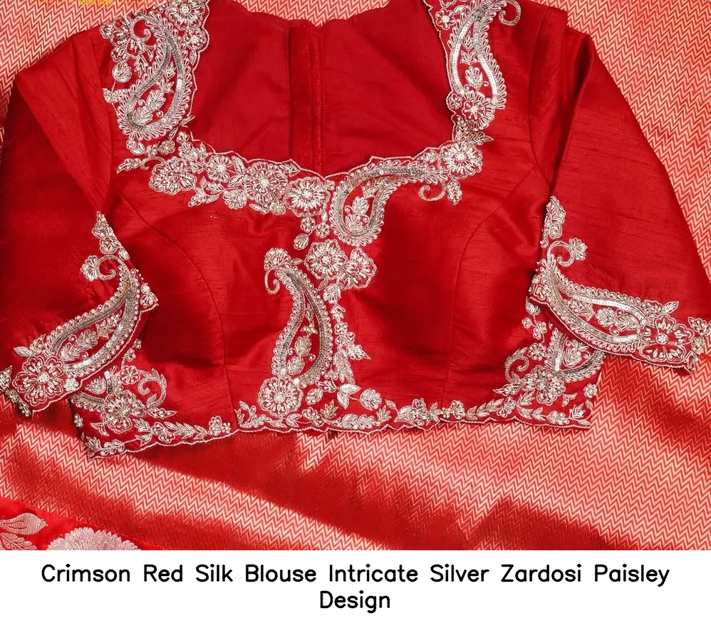 Crimson Red Silk Blouse Intricate Silver Zardosi Paisley Design