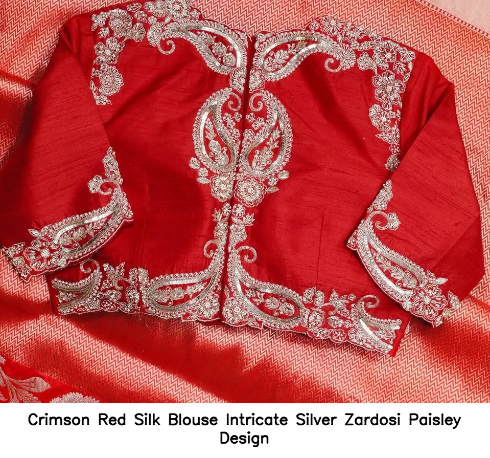 Crimson Red Silk Blouse Intricate Silver Zardosi Paisley Design