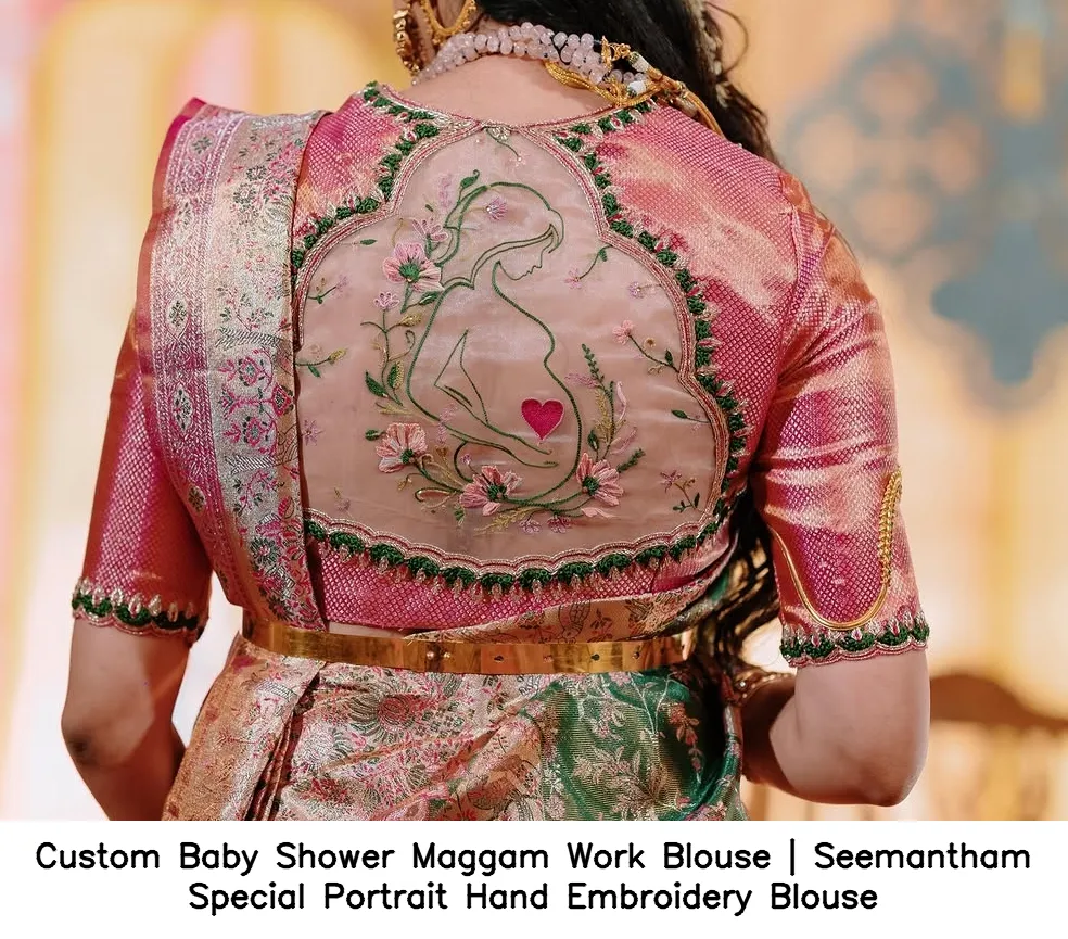 Custom Baby Shower Maggam Work Blouse | Seemantham Special Portrait Hand Embroidery Blouse