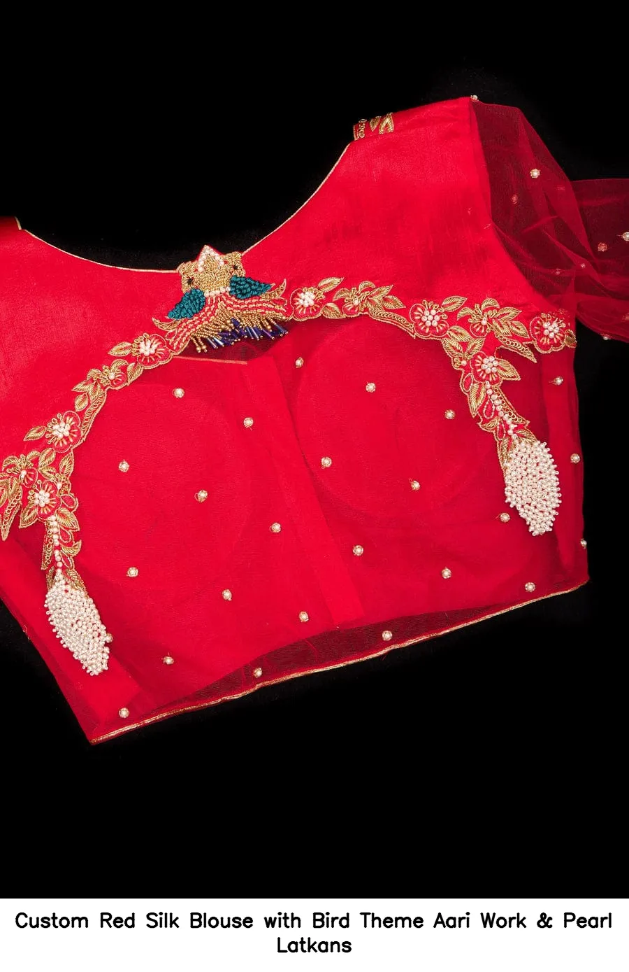 Custom Red Silk Blouse with Bird Theme Aari Work & Pearl Latkans