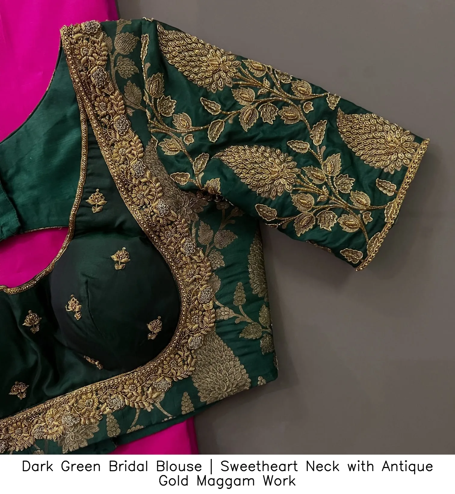 Dark Green Bridal Blouse | Sweetheart Neck with Antique Gold Maggam Work