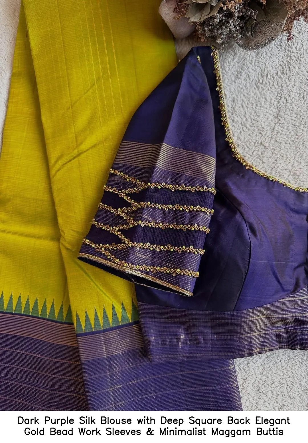 Dark Purple Silk Blouse with Deep Square Back – Elegant Gold Bead Work Sleeves & Minimalist Maggam Buttis