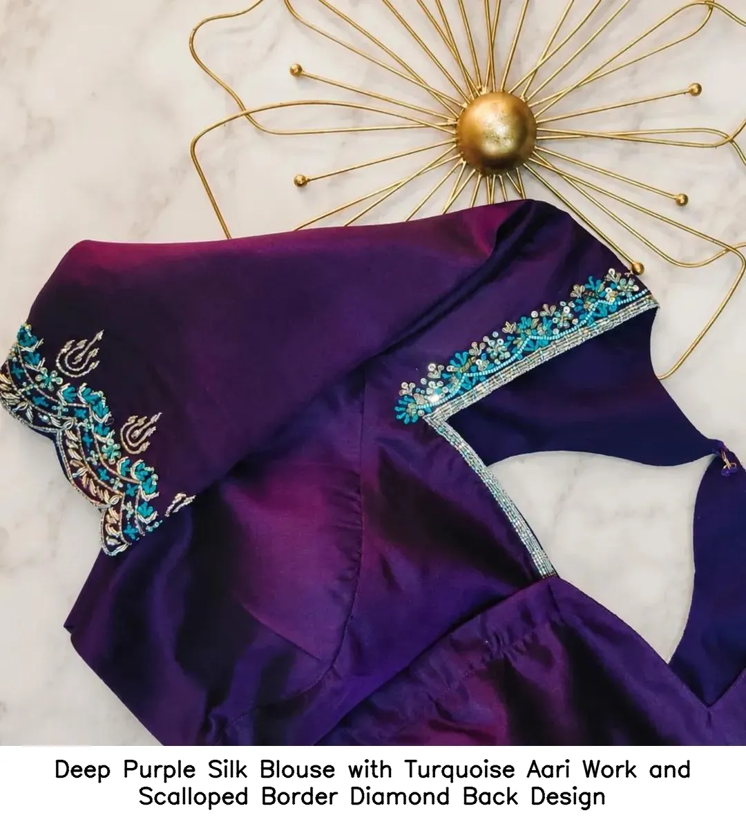 Deep Purple Silk Blouse with Turquoise Aari Work and Scalloped Border Diamond Back Design