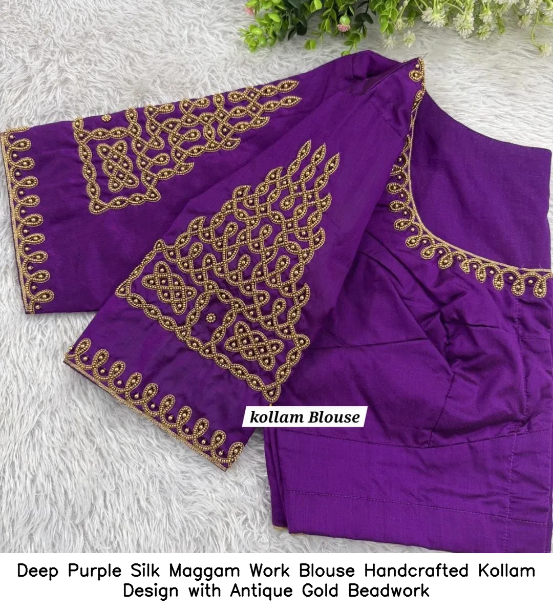 Deep Purple Silk Maggam Work Blouse – Handcrafted Kollam Design with Antique Gold Beadwork