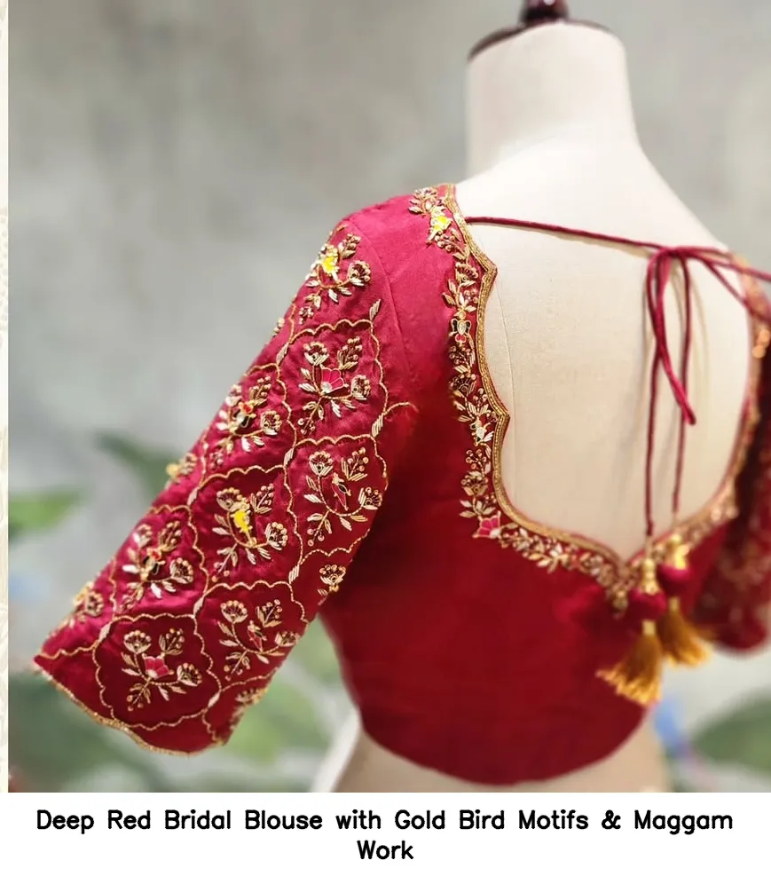 Deep Red Bridal Blouse with Gold Bird Motifs & Maggam Work