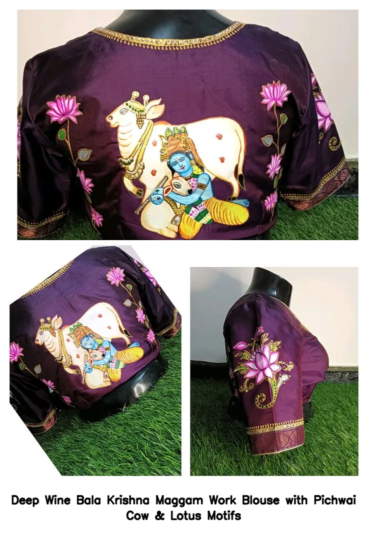 Deep Wine Bala Krishna Maggam Work Blouse with Pichwai Cow & Lotus Motifs