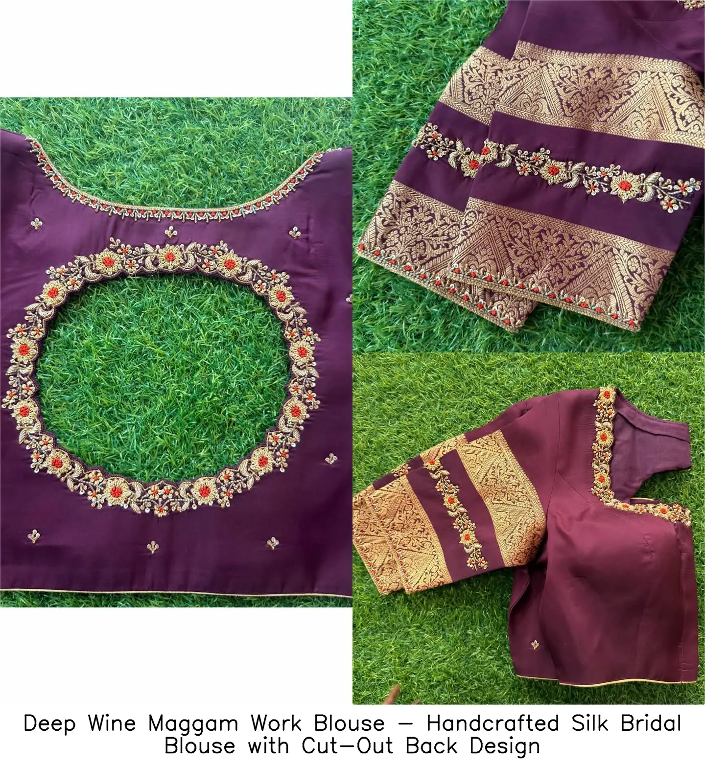 Deep Wine Maggam Work Blouse - Handcrafted Silk Bridal Blouse with Cut-Out Back Design