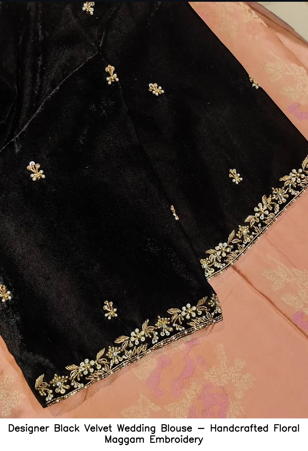 Designer Black Velvet Wedding Blouse - Handcrafted Floral Maggam Embroidery