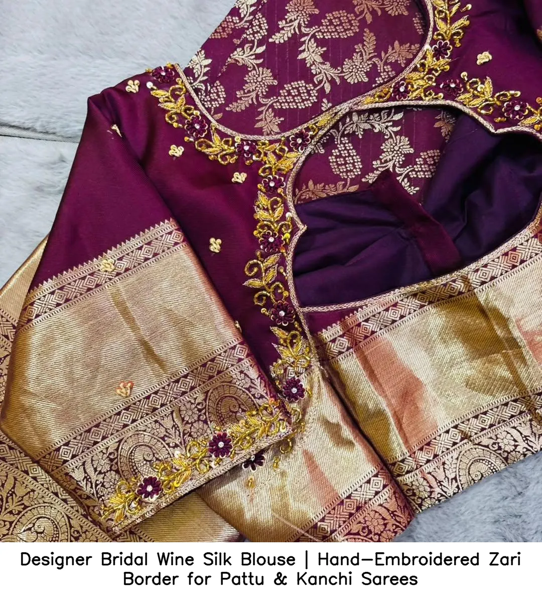Designer Bridal Wine Silk Blouse | Hand-Embroidered Zari Border for Pattu & Kanchi Sarees