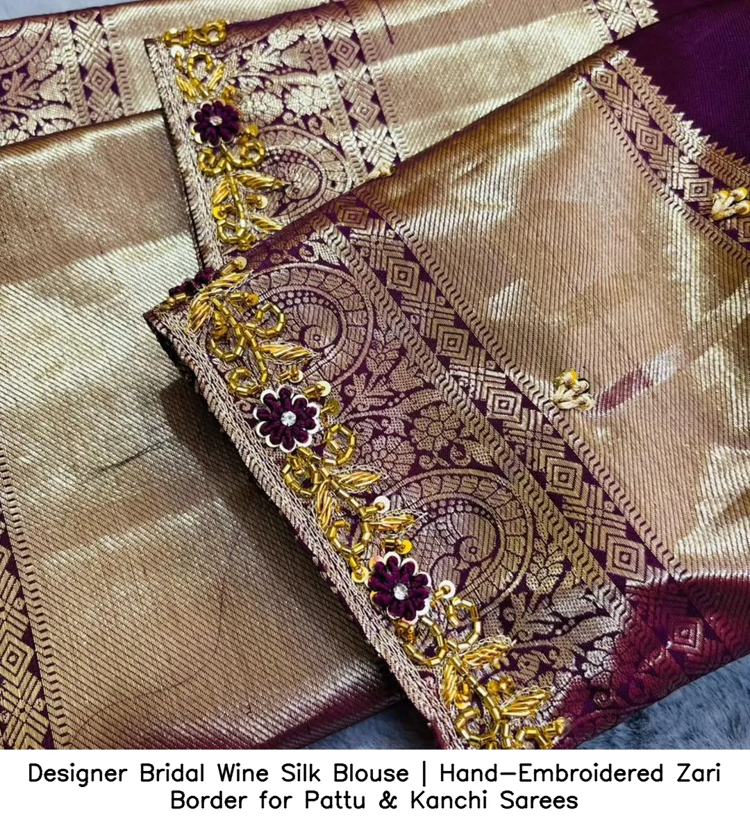 Designer Bridal Wine Silk Blouse | Hand-Embroidered Zari Border for Pattu & Kanchi Sarees