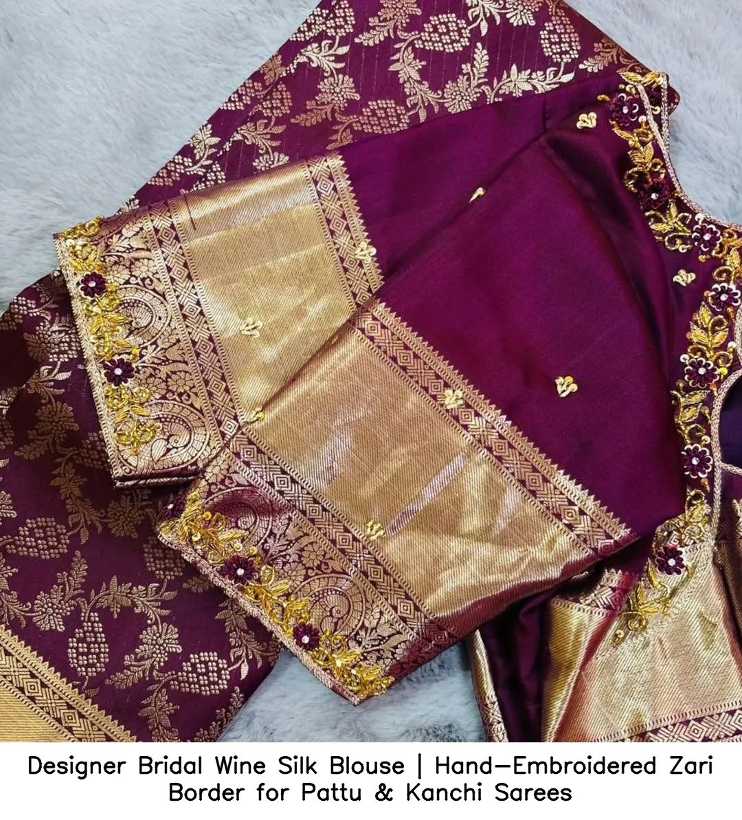 Designer Bridal Wine Silk Blouse | Hand-Embroidered Zari Border for Pattu & Kanchi Sarees