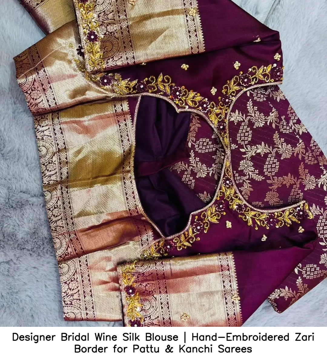 Designer Bridal Wine Silk Blouse | Hand-Embroidered Zari Border for Pattu & Kanchi Sarees