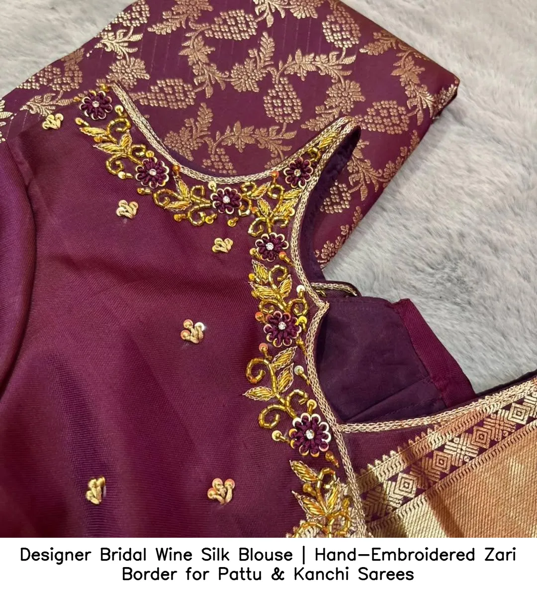 Designer Bridal Wine Silk Blouse | Hand-Embroidered Zari Border for Pattu & Kanchi Sarees