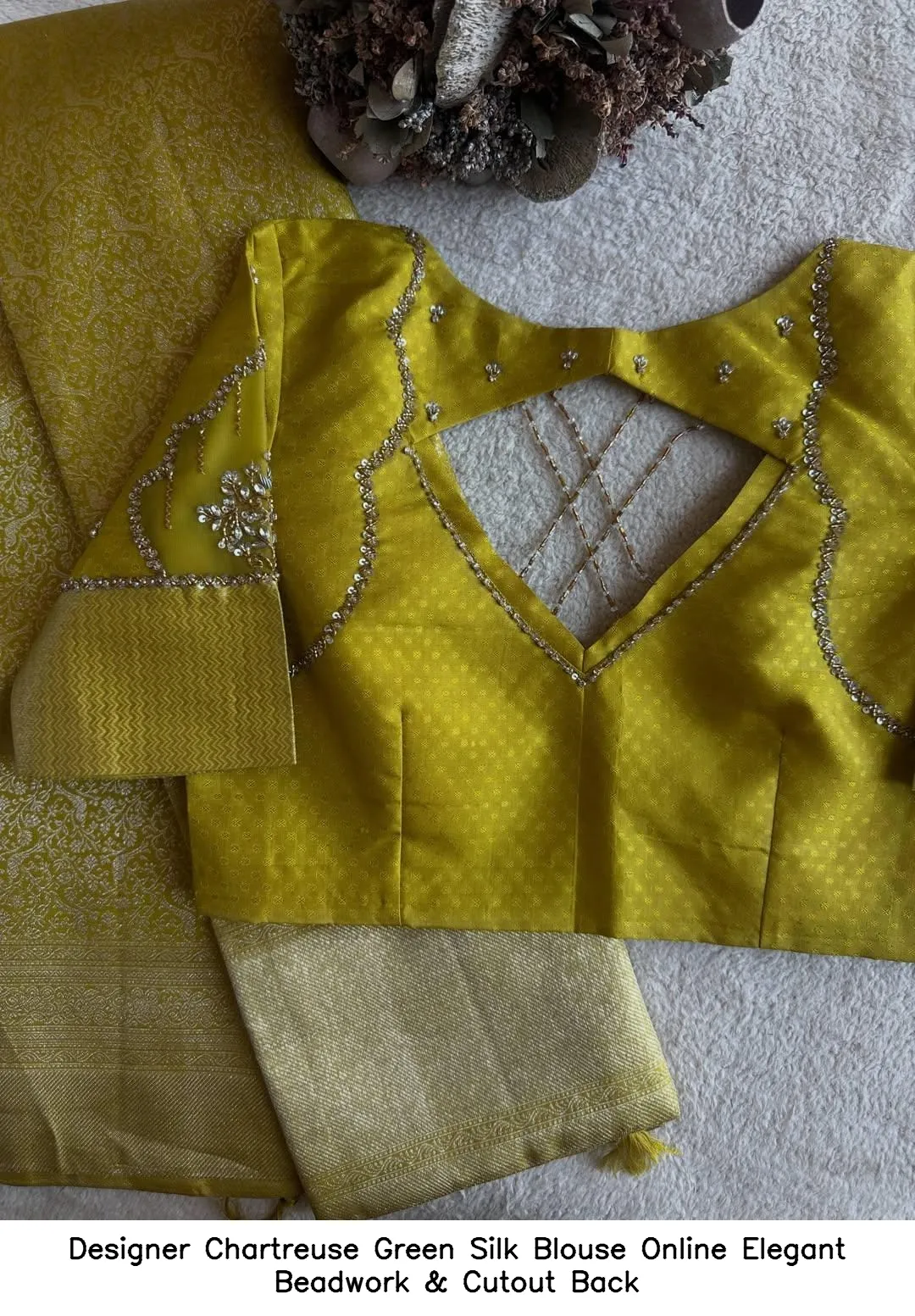 Designer Chartreuse Green Silk Blouse Online – Elegant Beadwork & Cutout Back