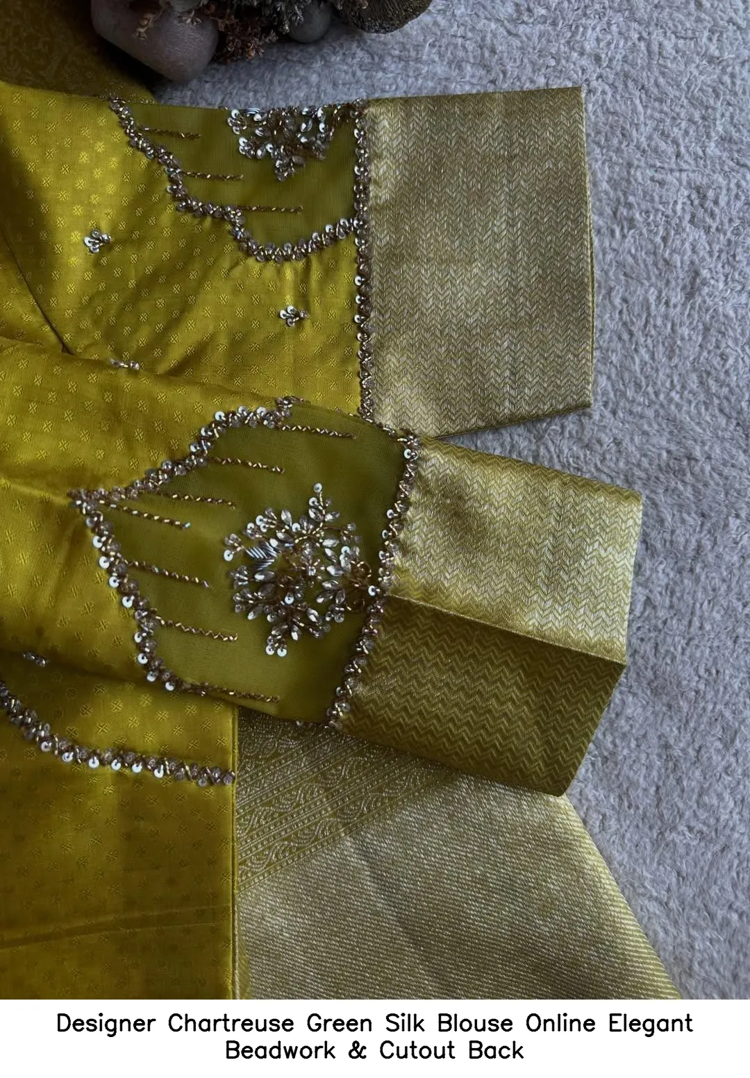 Designer Chartreuse Green Silk Blouse Online – Elegant Beadwork & Cutout Back