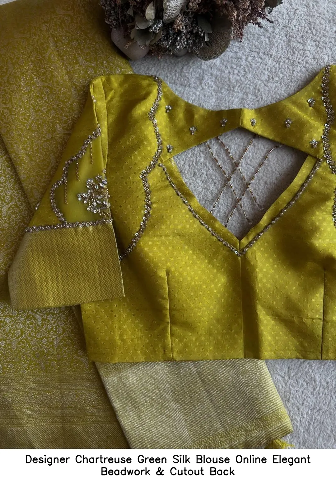 Designer Chartreuse Green Silk Blouse Online – Elegant Beadwork & Cutout Back